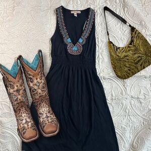 American Rag Black Beaded Mini Dress boho western size XS Summer Vintage y2k